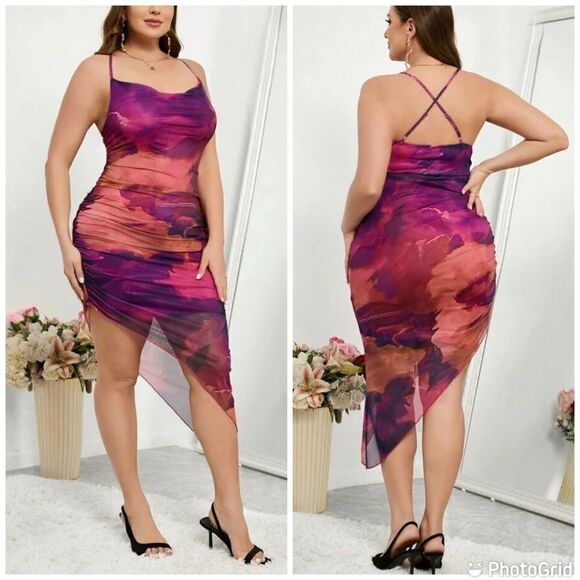 Tie Dye Cowl Neck Split Hem Bodycon Cami Cocktail Dress Backless Long Dresses - Picture 1 of 11